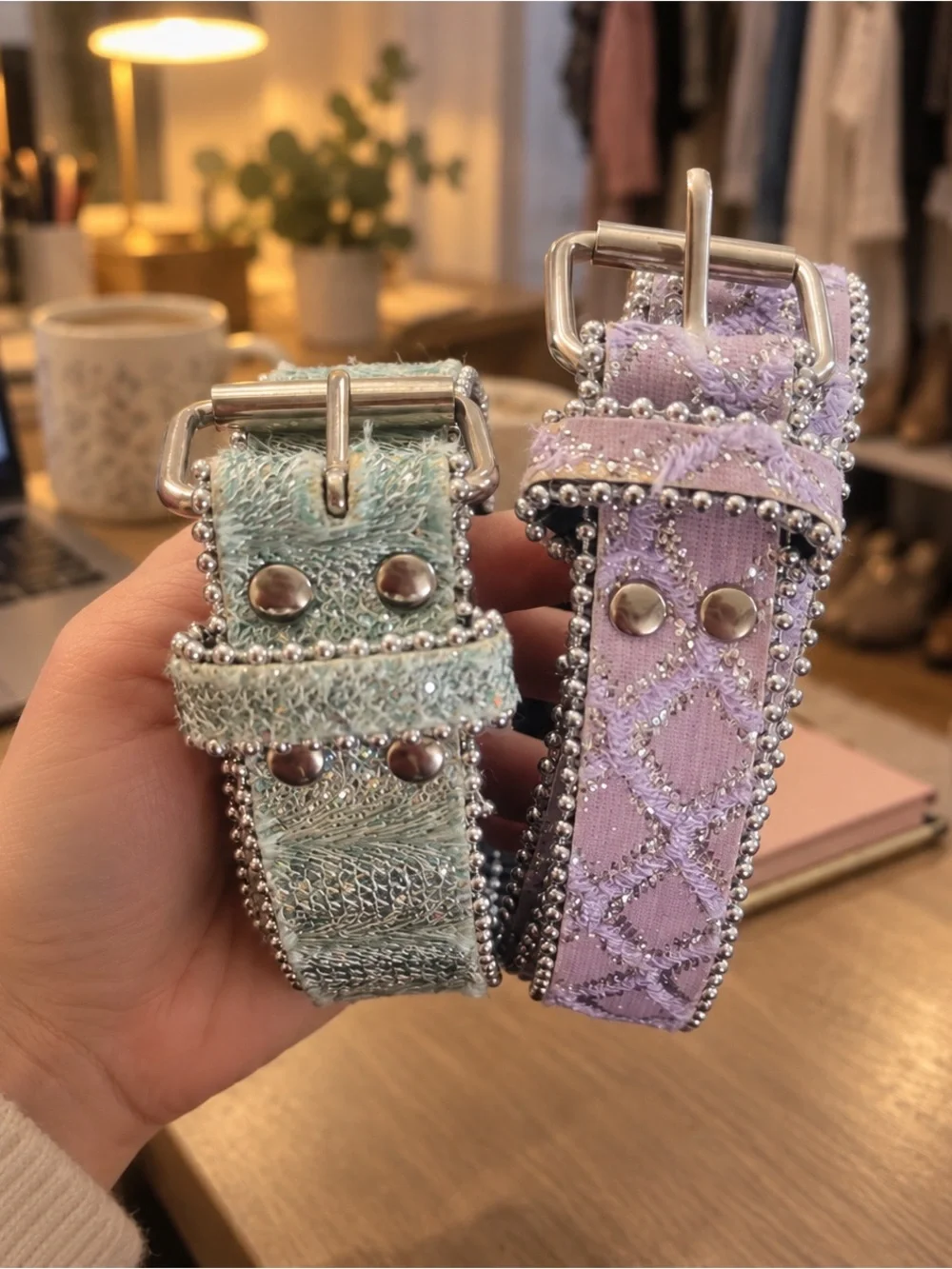 Y2K Embellished Belt Set Mint Lavender Silver Buckles